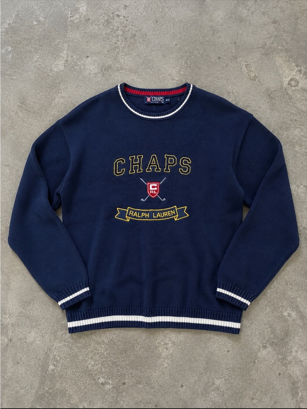 Y2K Chaps Ralph Lauren Navy Varsity Crest Cotton Sweater Men’s Medium Blokecore